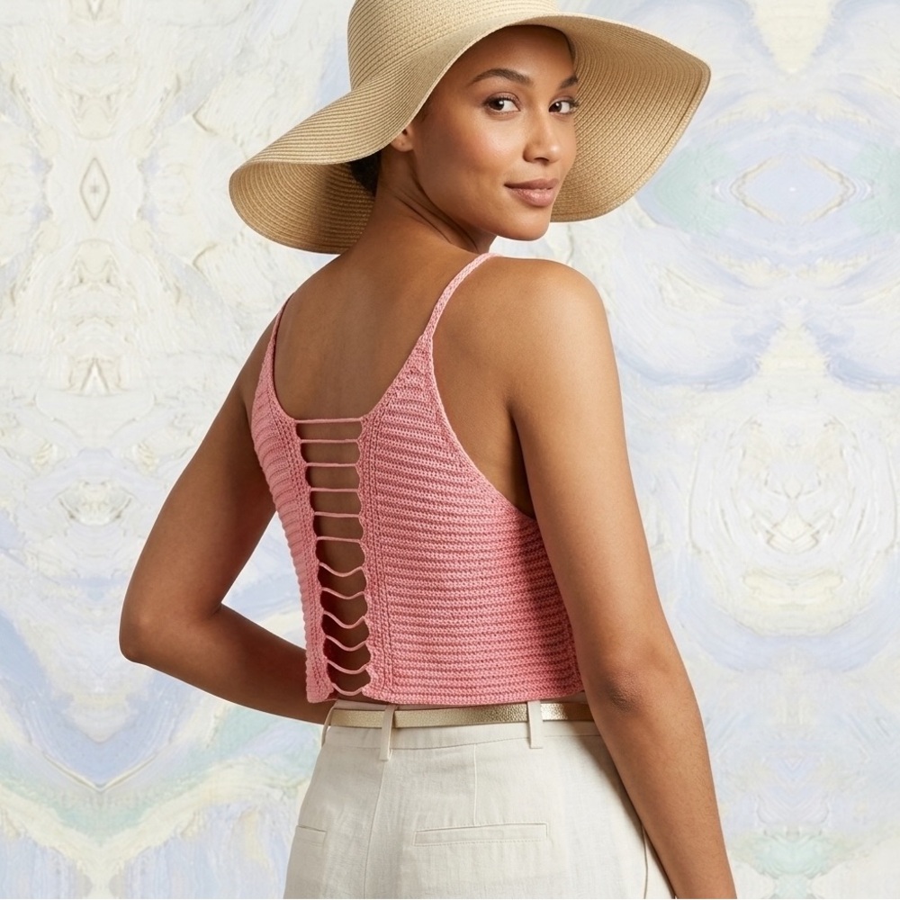 🩷✨ Knit Lace-Up Crop Top Coral Pink Open Back Halter | Sz S Women 💅🏼